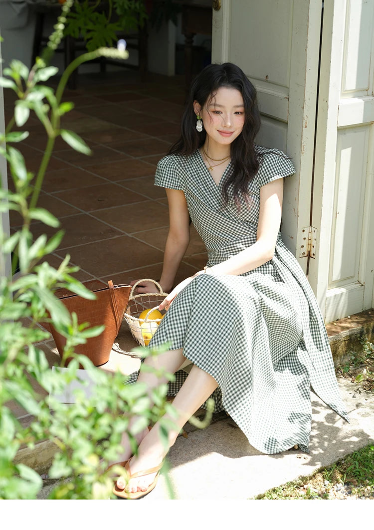 MISHOW Women's Fashion V-neck Dress 2025 Summer Office Lady Plaid Waist Cinched Sashes Short Sleeve Female Dresses MXE39L2410