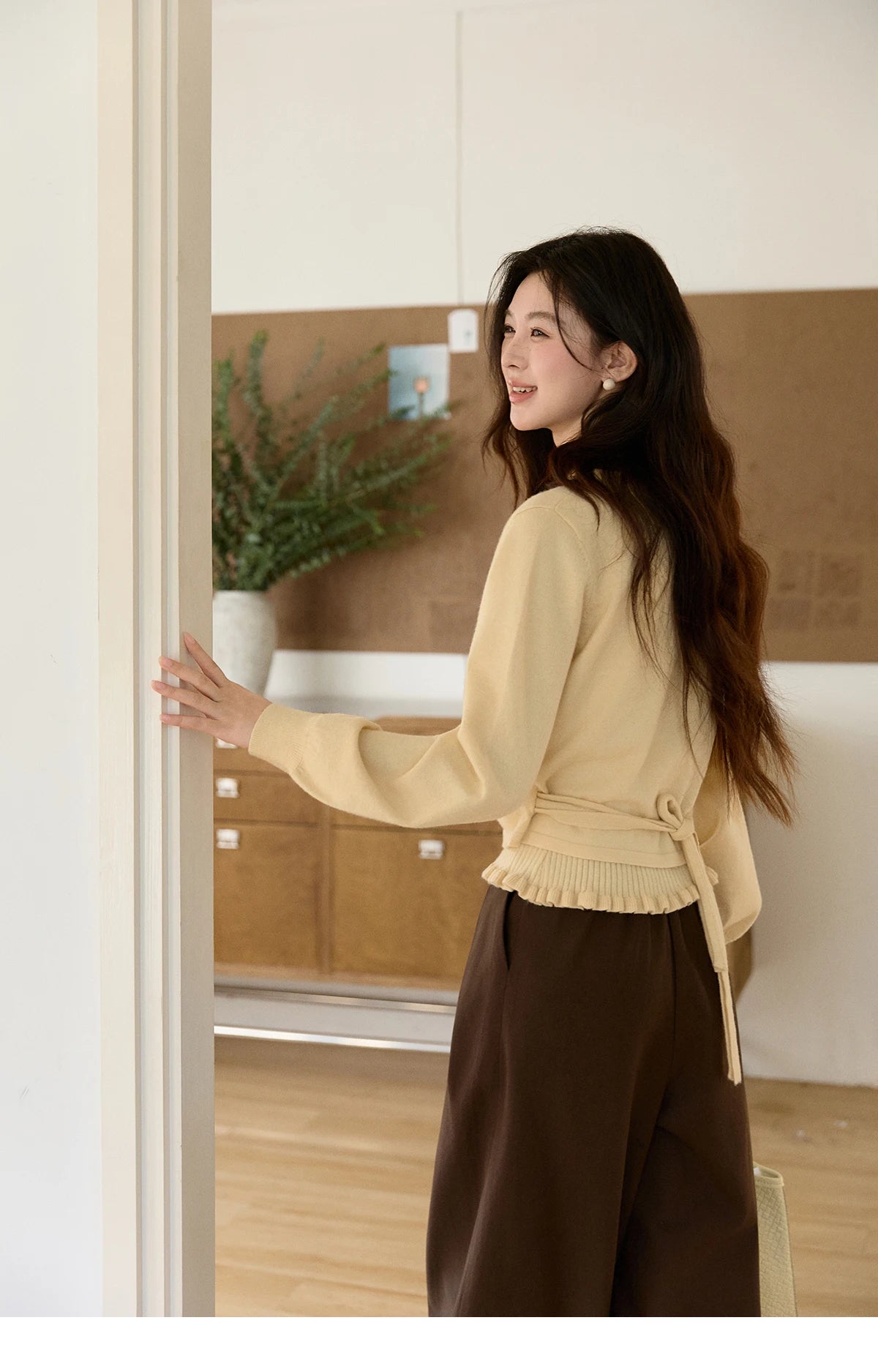 MISHOW Women's Yellow Two-Piece Set 2026 Spring Ruffled Hem Camisole Lace Trim Knitted Cardigan Casual Slim Outfit MXF11T1472