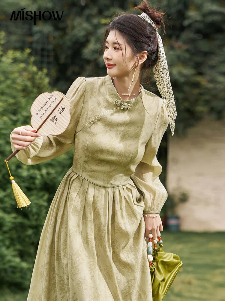 MISHOW Retro Chinese Improved Cheongsam Dress 2024 Spring Chiffon Printing Green Puff Sleeve Stand Neck Waist Dresses MXD14L1767