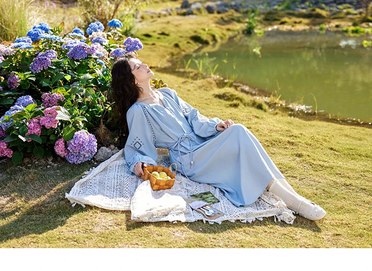 MISHOW French Hollow Lace Dress for Women 2025 Spring Vacation Slim Waist V-neck Dresses Loose Beach Fairy Dresses MXE12L2091