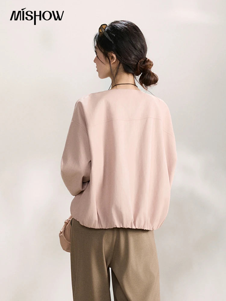 MISHOW Women's Pink Flower Bud Leather Jacket Spring 2026 Crew Neck Single-breasted Coats Casual Loose Cropped Coat MXF108W1001