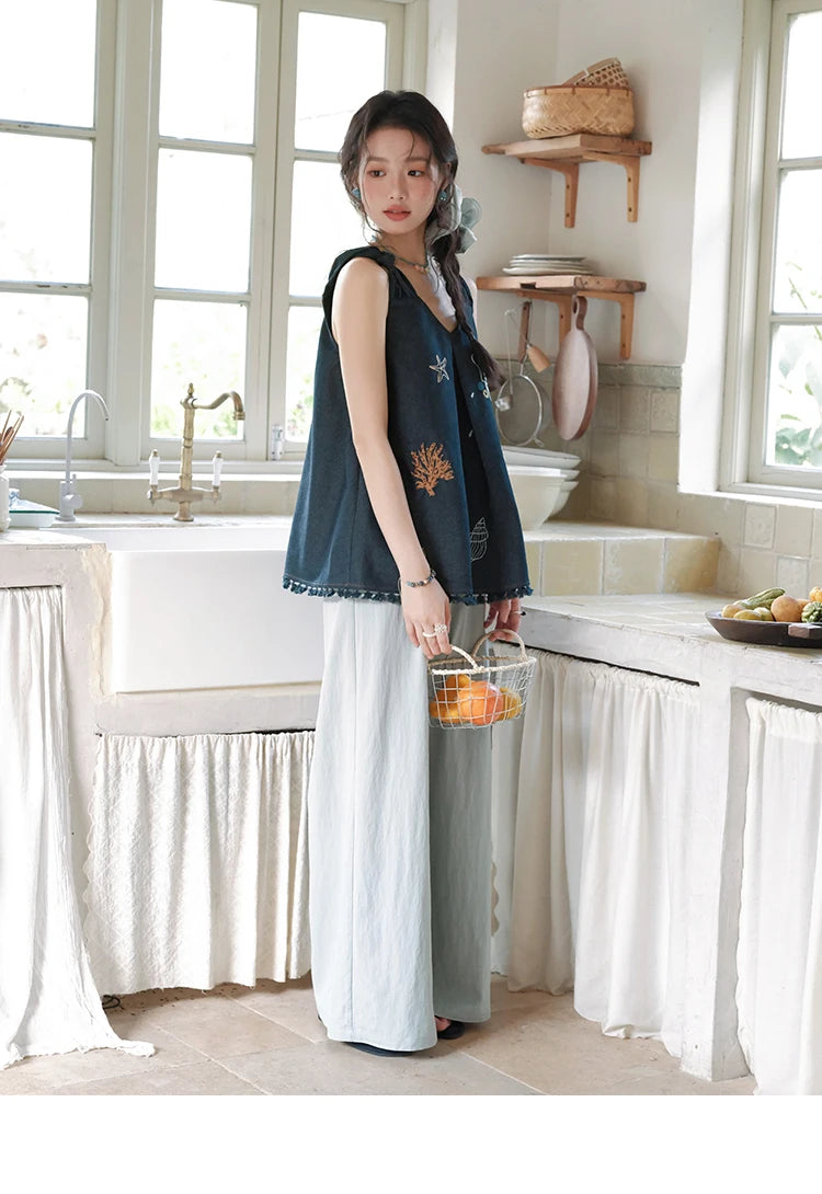 MISHOW Women's Fashion Strap Vest Summer 2025 Embroidery Lace Sleeveless Lady Camis Casual Vacation Tassel Denim Top MXE37X1860