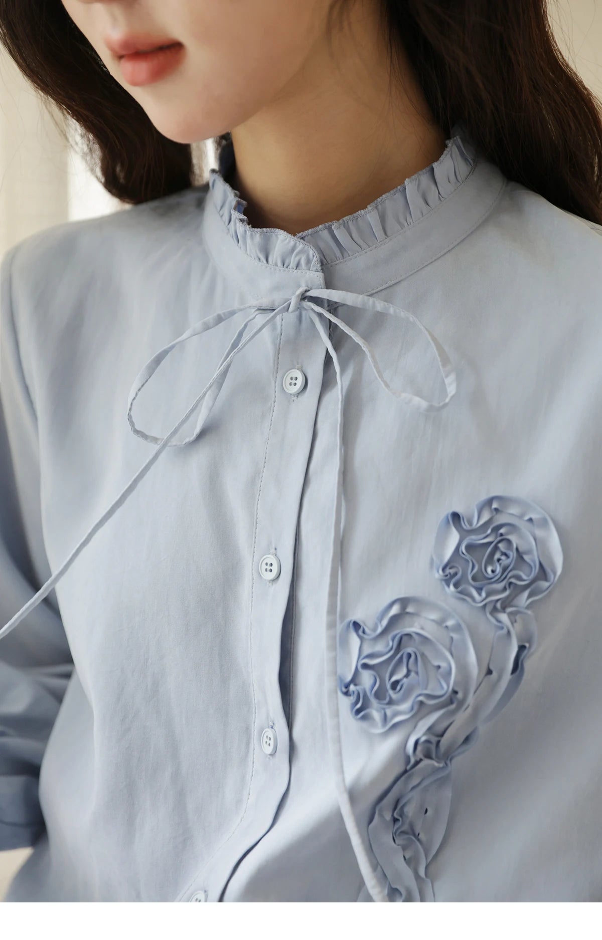MISHOW Coiled Flowers Embroidered Blue Shirt for Women Autumn 2025 Stand Neck Lace-up Brushed Shirts Office Lady MXE44C2398