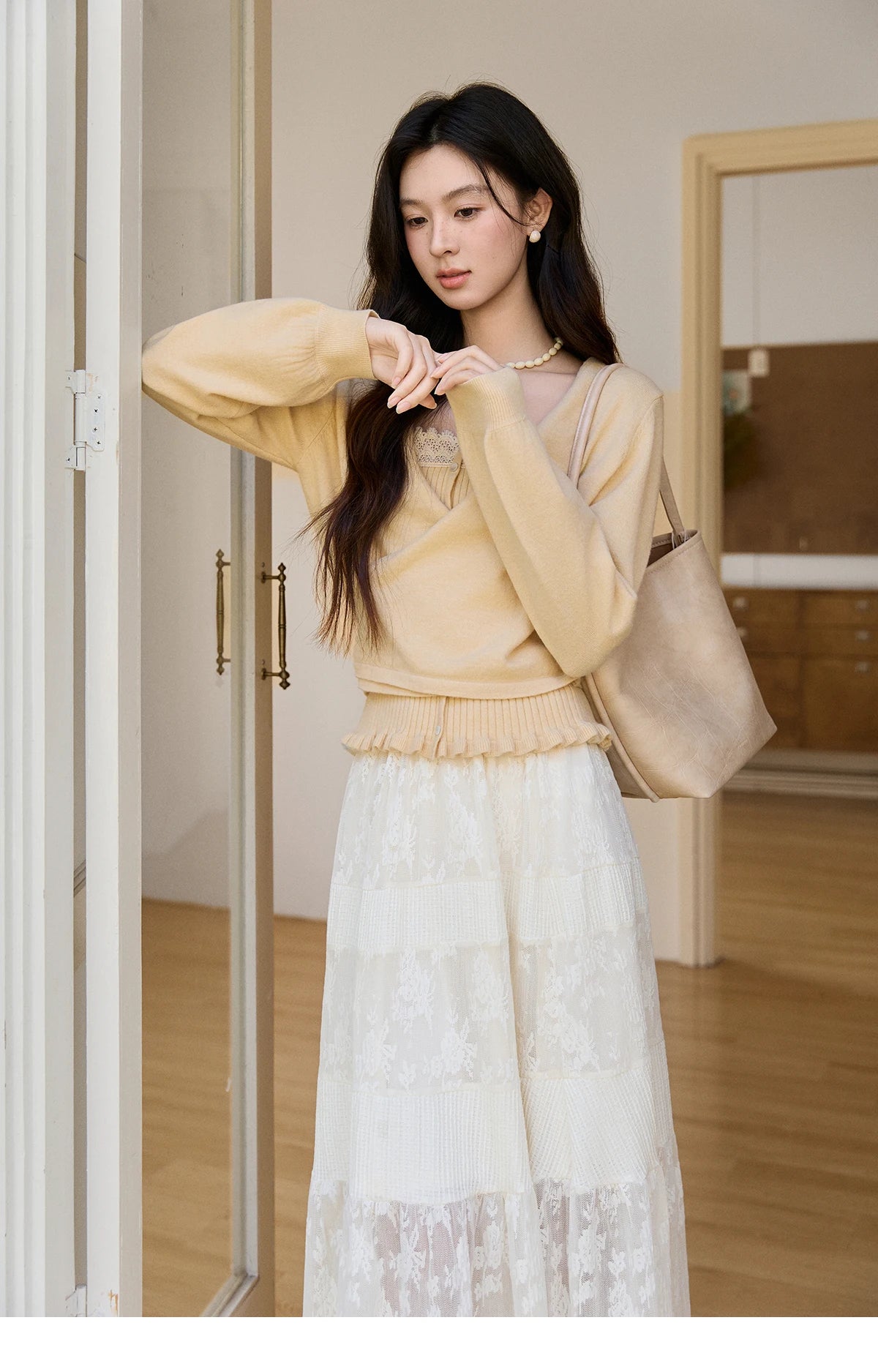 MISHOW Women's Cream Lace Maxi Skirt 2026 Spring Summer Floral Embroidery Tiered Ruffled High Waist Casual Long Skirt MXF11B2462