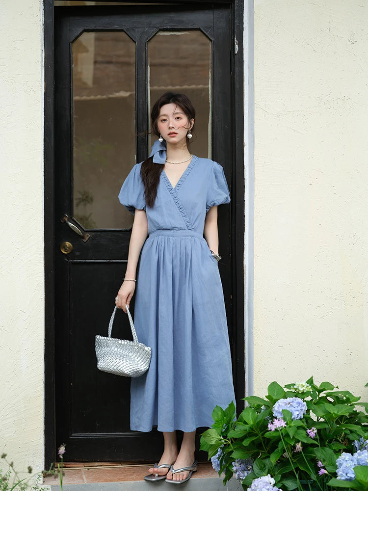 MISHOW Summer Fashion V-neck Dress Woman 2025 New Puff Sleeve Sashes Elegant Pocket Vacation Dresses Ladies Clothing MXE39L2381