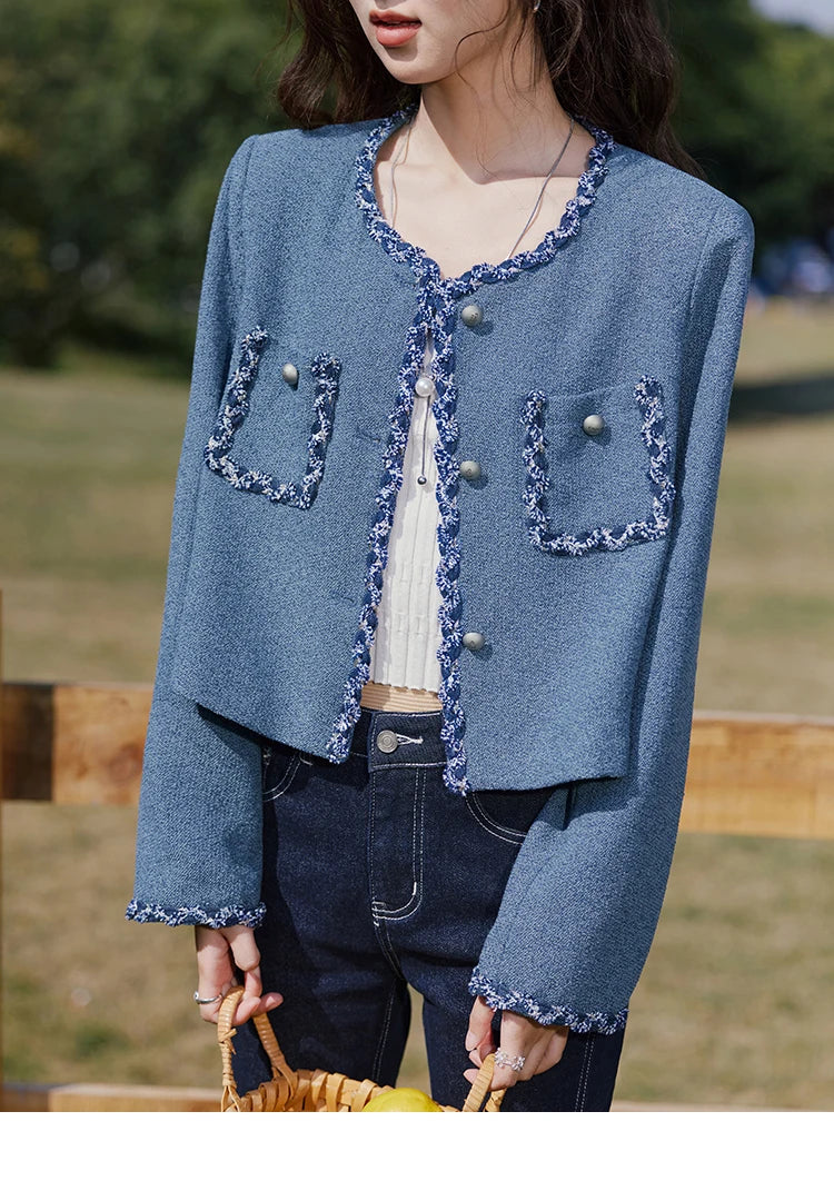 MISHOW Retro Fragrant Style Jacket for Women Spring 2025 Shoulder Pads Coarse Tweed Splicing Ribbon Blue Suit Coats MXE13W0705