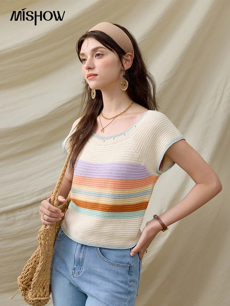 MISHOW Casual Stripe Knitted Pullover Women Summer New 2025 Short Sleeve Round Neck Slimming Tops Female Office Lady MXE31Z1222