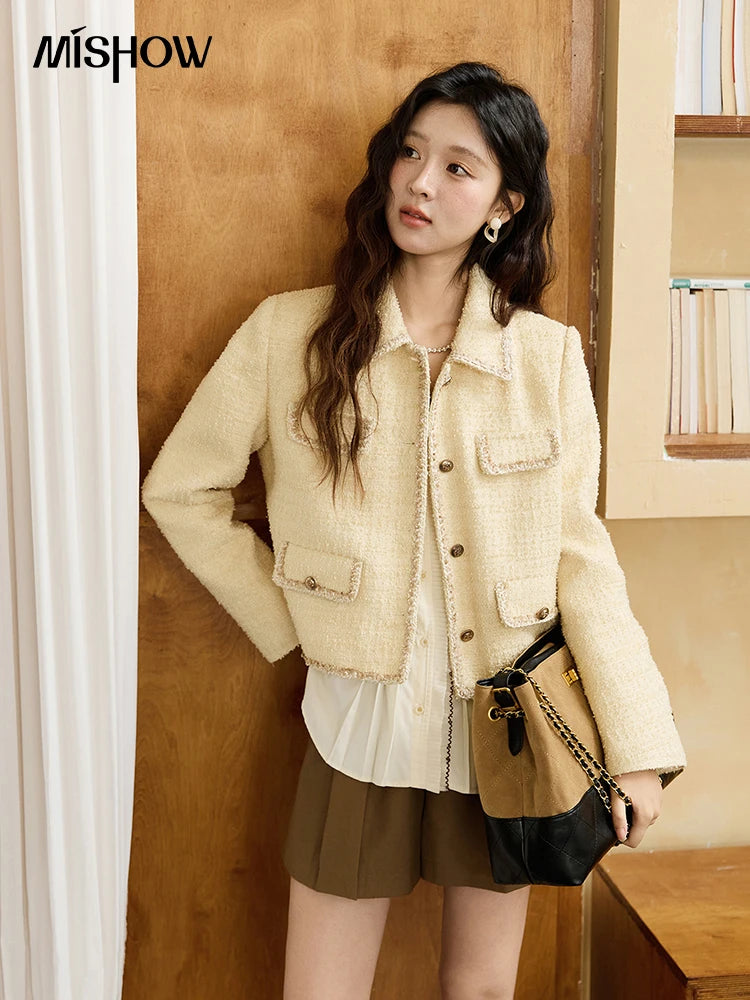 MISHOW Women's Fragrant Tweed Coat 2025 Autumn Retro Woven Short Top Metal button single breasted Lapel Commute Coats MXE46W0837