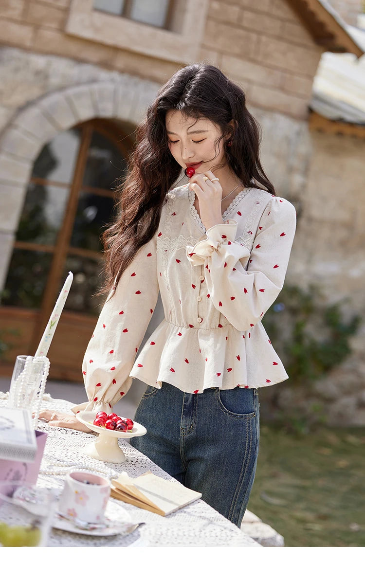 MISHOW Women's Love Embroidered V-neck Blouses 2025 Spring Linen Cotton Retro Slim Tops Sweet Waist Ruffle Blouse MXE13X1700