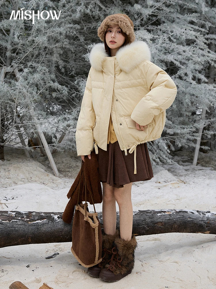 MISHOW Short Lightweight Puffer for Women 2025 Fashion Loose Long-sleeved Down Jacket Detachable Fur Collar Warm Coat MXE87Y0084