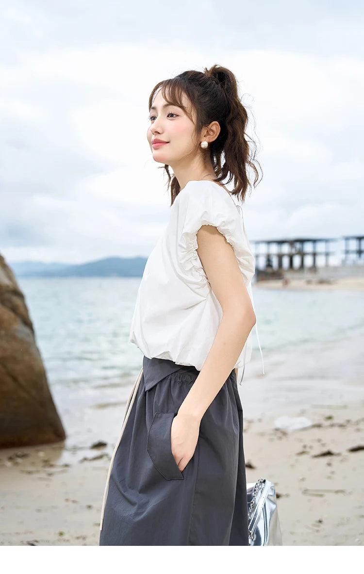 MISHOW Soft Blouses for Women 2025 Summer French Rear Collar Tie Up Solid Short Sleeve Solid V Neck Puff Sleeve Tops MXC38X1275