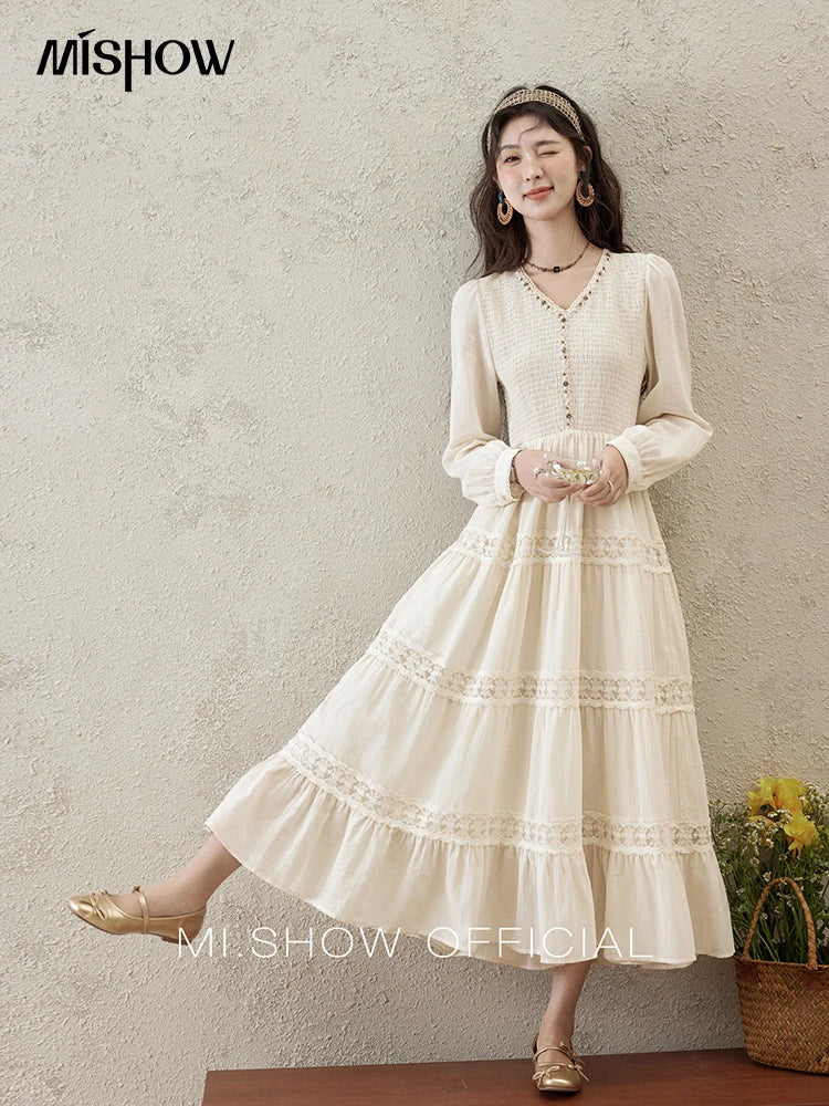 MISHOW Apricot Vacation Dress for Women Spring 100 Cotton Splicing Lace Retro Dress V-neck Waist Slim Long Dresses MXE16L2168