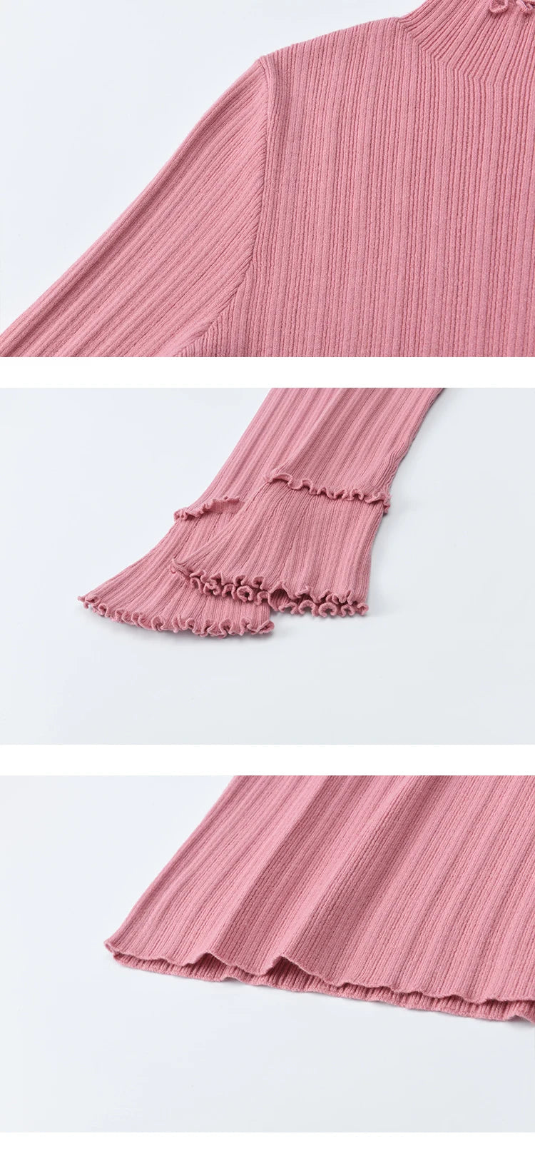 MISHOW Women's Long Sleeve Top 2025 Autumn New Casual Solid Turtleneck Slim Knit Wood Ear Edge Trumpet Sleeve Top MXE51Z2552