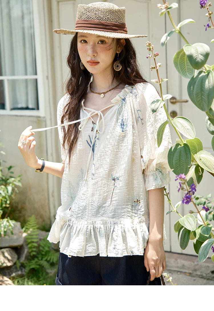 MISHOW Women's V-neck Lace Up Blouse 2025 Summer New Fashion Embroidery Mushroom Edge Commute Top Women's Blouse MXE39X1959