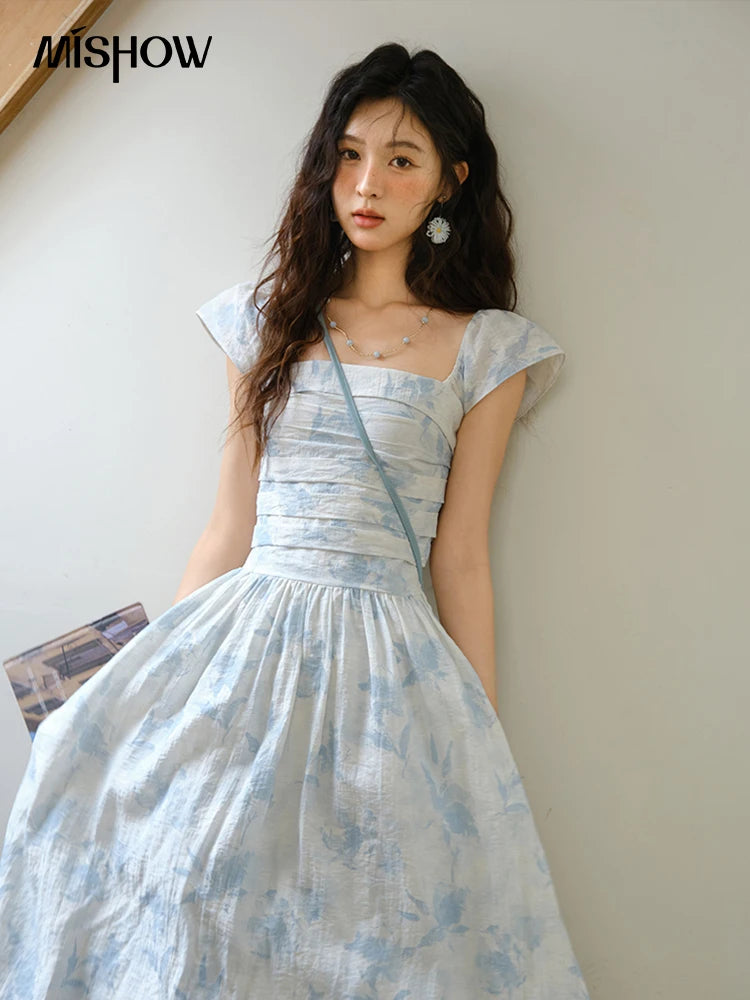 MISHOW Women's Fashion Print Dress 2025 Summer Square Neck Flying Sleeve Vacation High Waist Dresses Women's Clothing MXE35L2274