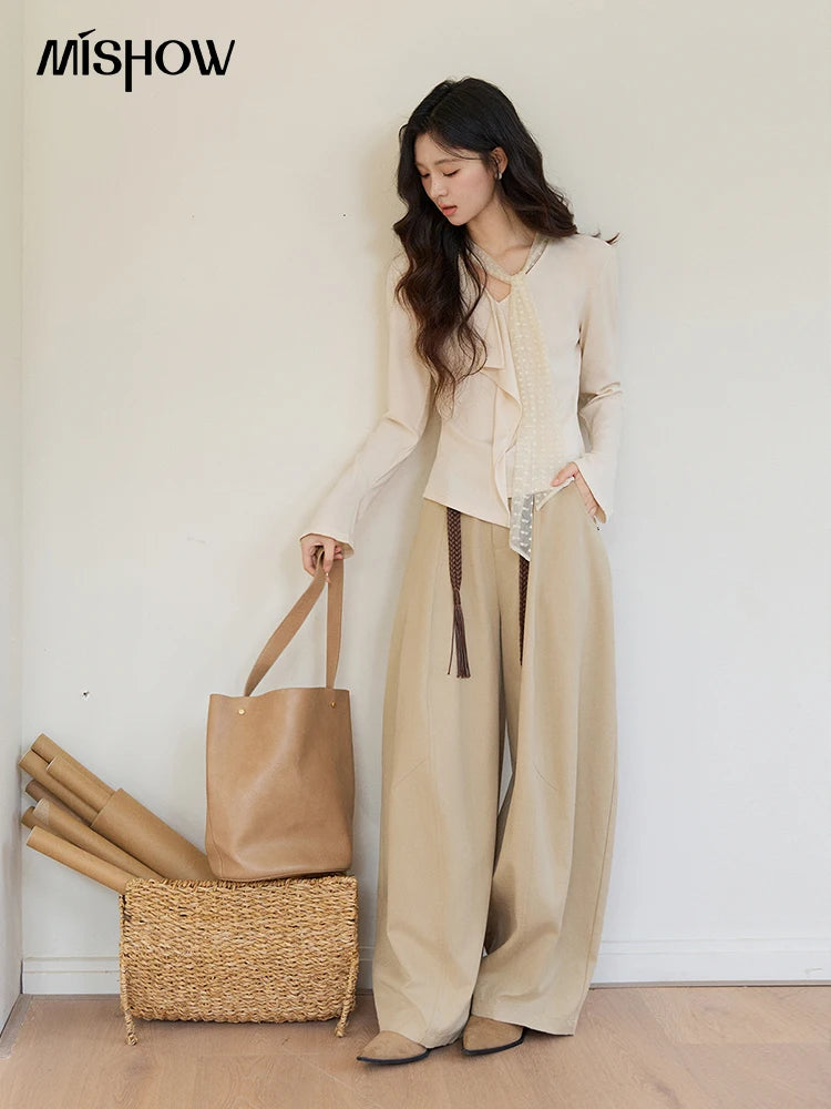 MISHOW Women's V-neck Splicing Lace Ribbon Long Sleeve Tops Spring Ruffled Asymmetrical Hem Flare Sleeve Knitwear MXF108Z1016