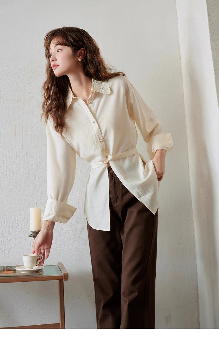 MISHOW Women's Casual Loose Shirt 2023 Autumn Turn-down Collar Embroidery Hollowed Out Single Breasted Mid Length Top MXC41C0077