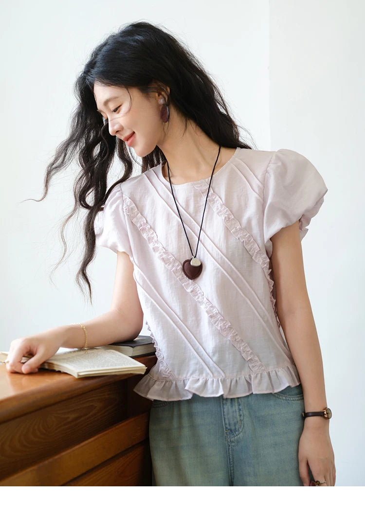 MISHOW Fashion Fungus Edge Puff Sleeve Blouses for Woman 2025 Summer O-Neck French Sweet Loose Top Ladies Clothing MXE39X1941