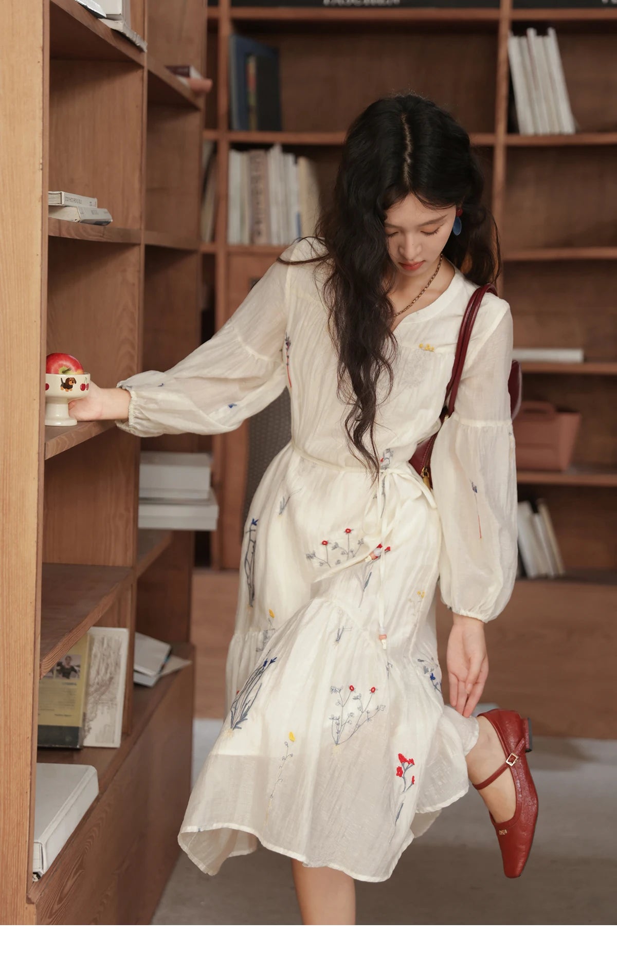 Mishow Beige Curved Collar Lantern Sleeve Tied Dress MXE41L2487