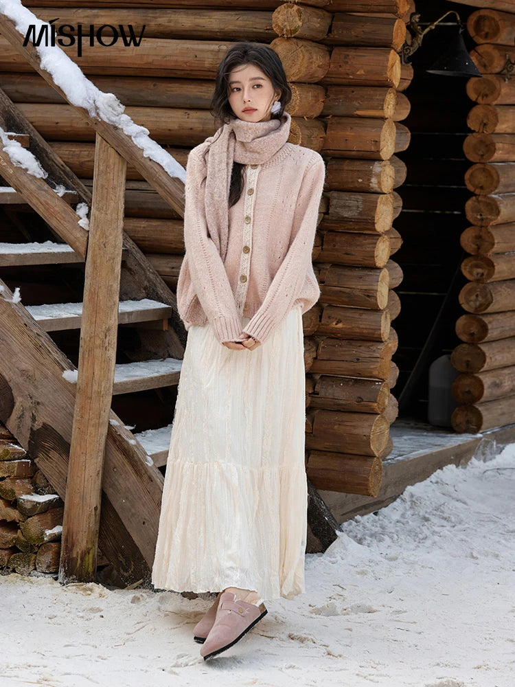 MISHOW Wool Blend Cardigan Pink Sweater 2024 Autumn Winter Women Clothes Sweet Top Knitted Sweater Outerwears MXD56Z1064