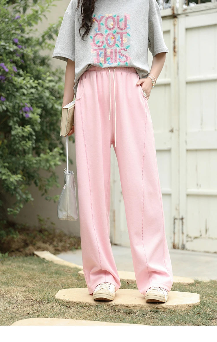 MISHOW Waffle Texture Fabric Loose Versatile Pants Summer Pocket Embroidered Elastic Waist Drawstring Casual Trouser MXD14K0608