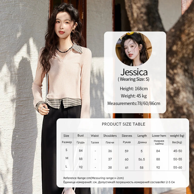 MISHOW Plaid Splicing Fake Two-piece Tops for Women Spring 2025 Contrasting Colors Slim Thin Top V-neck Casual Tees MXE13Z1108