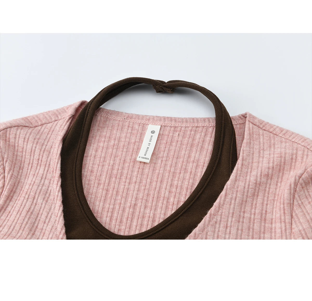 MISHOW Women's Pink Brown Fake Two-Piece Top 2026 Spring Ribbed Knit Knot Front Thin Top U-Neck Long Sleeve Slim Tops MXF11Z2912