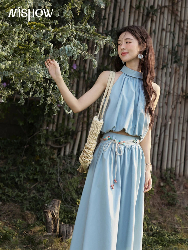 MISHOW Vacation Skirt Set Woman 2025 New Solid Halter Neck Sleeveless Short Tops Midi Loose Skirt Female with Belt MXE33T0546