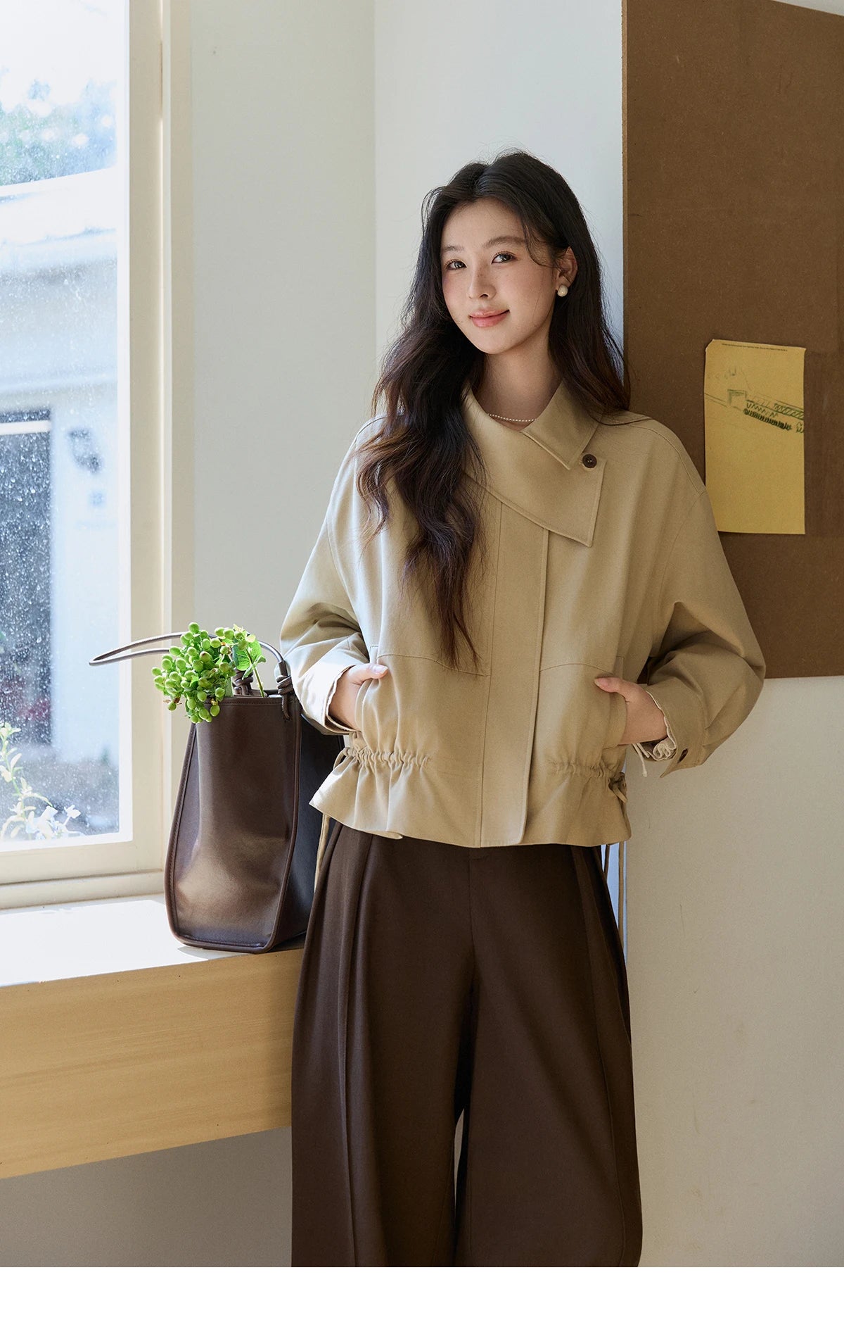 MISHOW Women's Khaki Cropped Jacket 2026 Spring Asymmetrical Collar Drawstring Waist Short Jackets Casual Loose Coat MXF11W1029