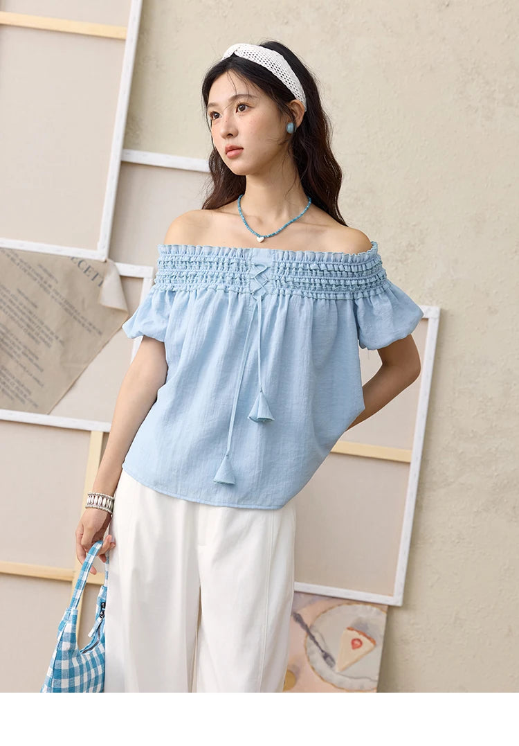 MISHOW Mist Blue One Shoulder Blouse Summer 2025 Elastic Pleated Flower Bud Sleeves Doll Blouses Cotton Blend Top MXE34X1796