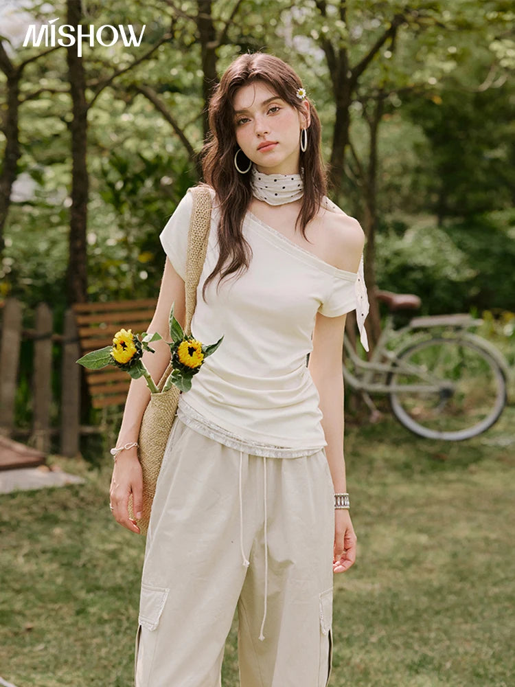 MISHOW Sexy Summer New T-shirts Women 2025 Short Sleeve Skew Collar Off-shoulder Lace Shirt Female Versatile Thin MXE31T0503