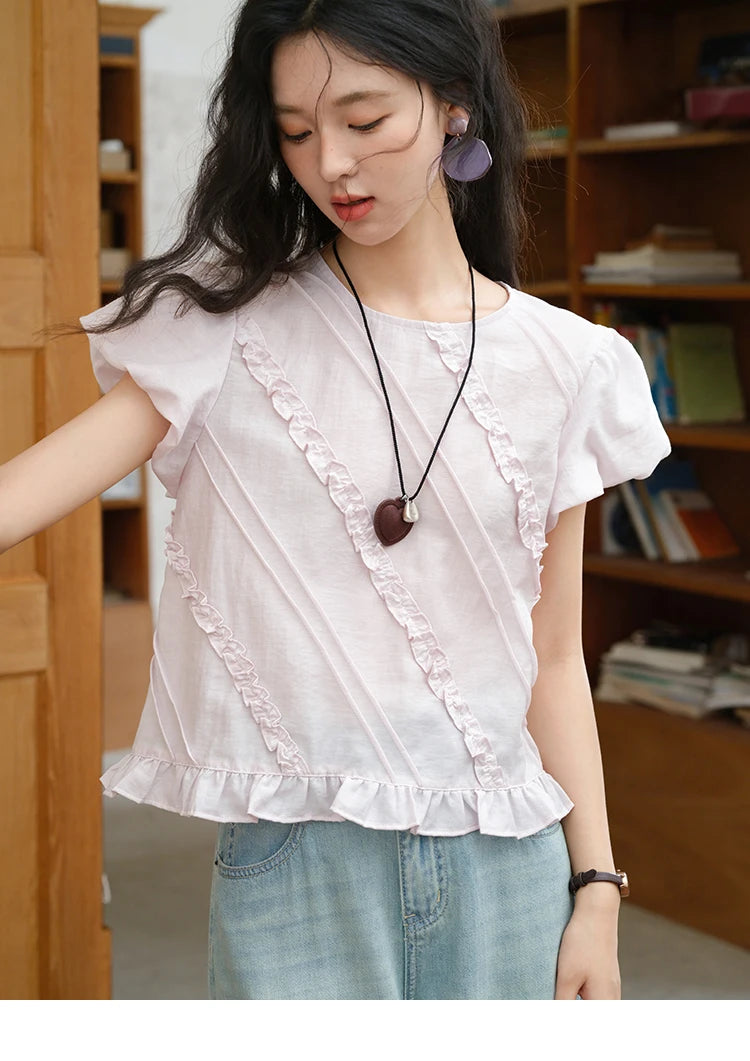 MISHOW Fashion Fungus Edge Puff Sleeve Blouses for Woman 2025 Summer O-Neck French Sweet Loose Top Ladies Clothing MXE39X1941