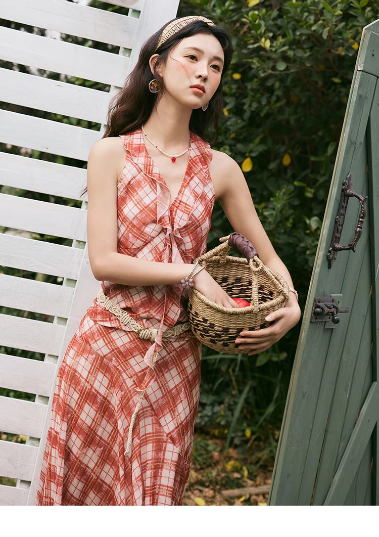 MISHOW French Retro Red Grid Hanging Neck Blouse for Women Summer 2025 Ruffled Edges Backless Blouses Vacation Top MXE34X1785