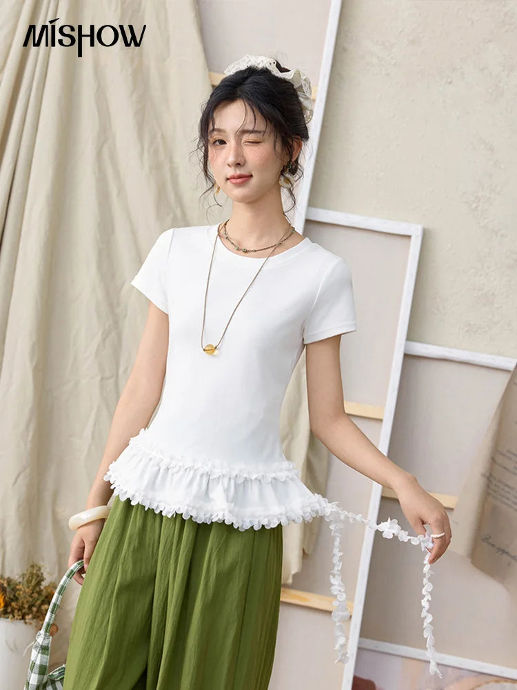 MISHOW White Ruffled T-shirt for Women Summer 2025 Round Neck Loose Slim Cotton Casual Tees with Red Lanyard Necklace MXE34T0557