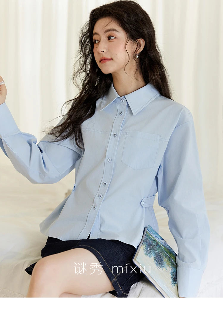 MISHOW Women's French Blue Shirt Long Sleeve 2025 Spring Polo Collar Waist Pocket Versatile Shirt Single Breasted Top MXE14C0753