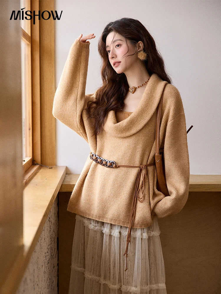 MISHOW Women's Orange Sweater 2025 Winter French Style Luxury Loose Long-sleeved Sweater Vest Belt Three-piece Set MXE86T1437