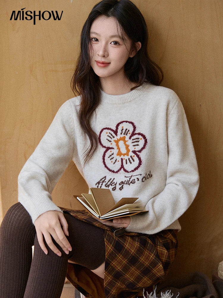 MISHOW Women's Beige Knitted Sweater 2025 Winter Flower Pattern Letter Print Tops O-neck Loose Warm Pullover Sweater MXE91Z2869