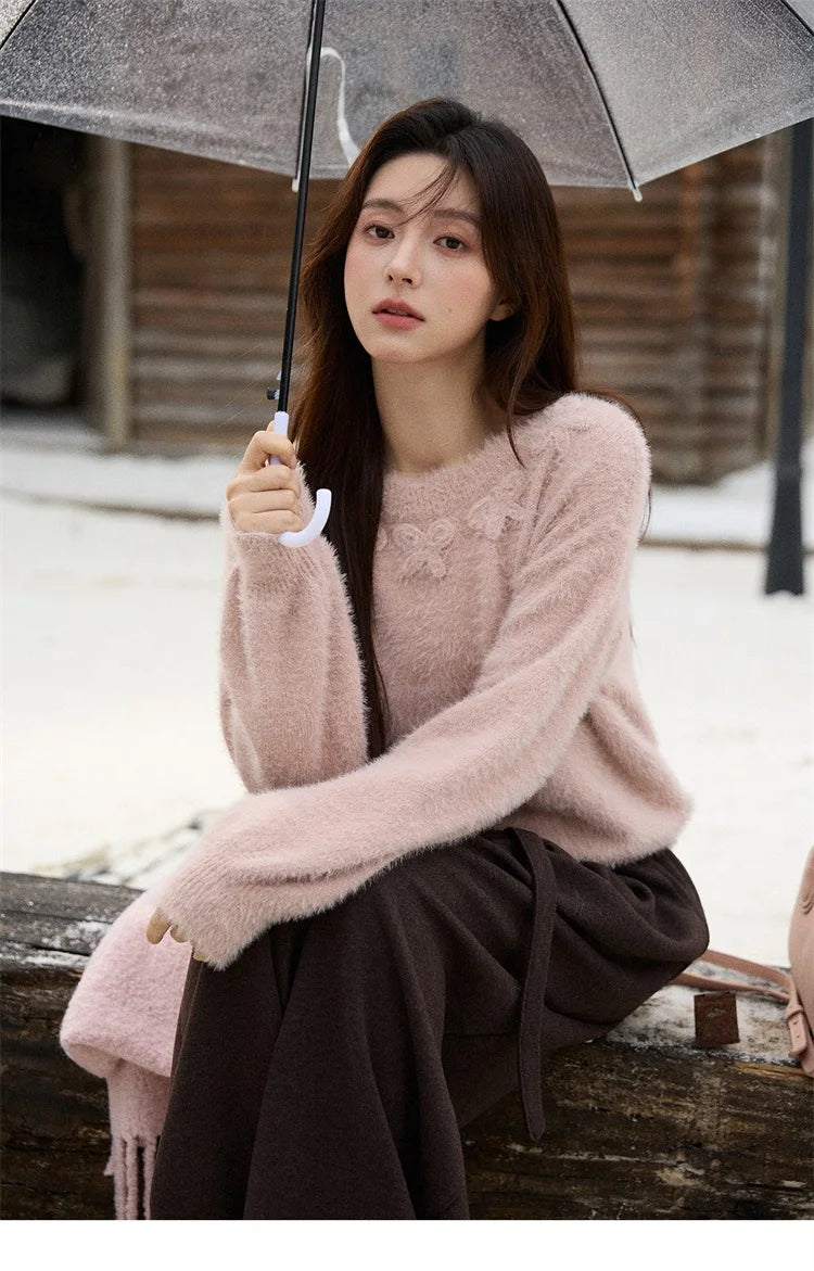 MISHOW Long Sleeve Sweaters 2025 Winter Elegant Loose Handmade Crochet Bowknot Sweater Women's Casual Knitted Top MXE87Z2679