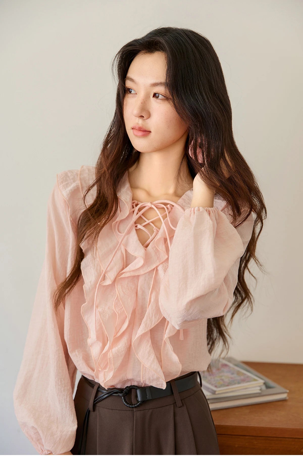 MISHOW Pink Ruffled Blouse for Woman 2025 Autumn New Elegant Sweet V-neck Lace-up Design Shirt Lantern Sleeves Top MXE49X2504