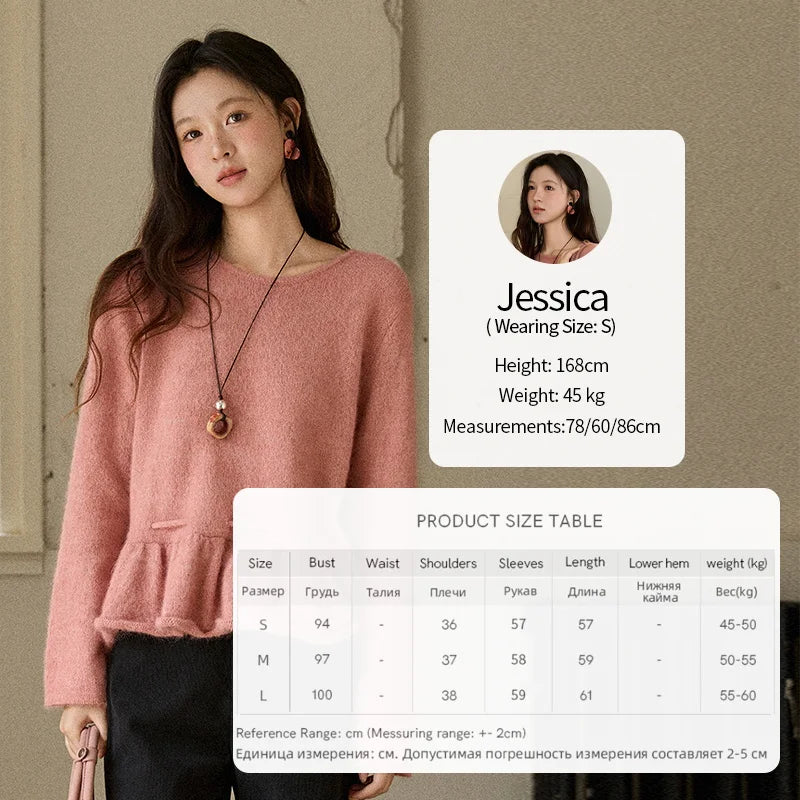 MISHOW Women's Pink Sweater 2025 Winter French Style Round Neck Knit Top Ruffled Hem with Drawstring Belt Pullover MXE90Z2824