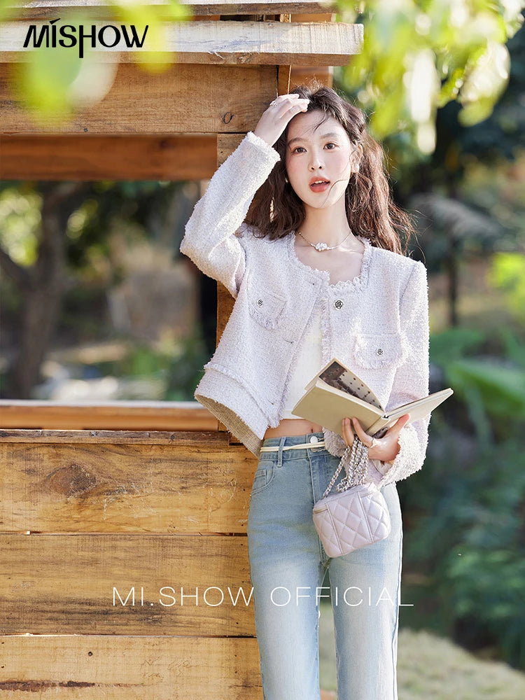 MISHOW Tassel Fragrant Coat for Women 2025 Spring Rose Buckle Weave Short Coats Elegant Square Neck Straight Coats MXE13W0733