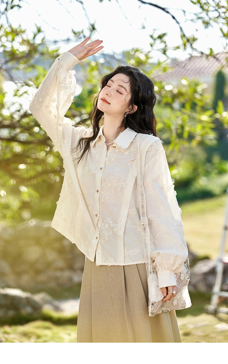 MISHOW 100Cotton Embroidered Jacquard Shirt for Women Spring 2025 Long Sleeved Loose Top Lapel Single Breasted Shirts MXE12C0391