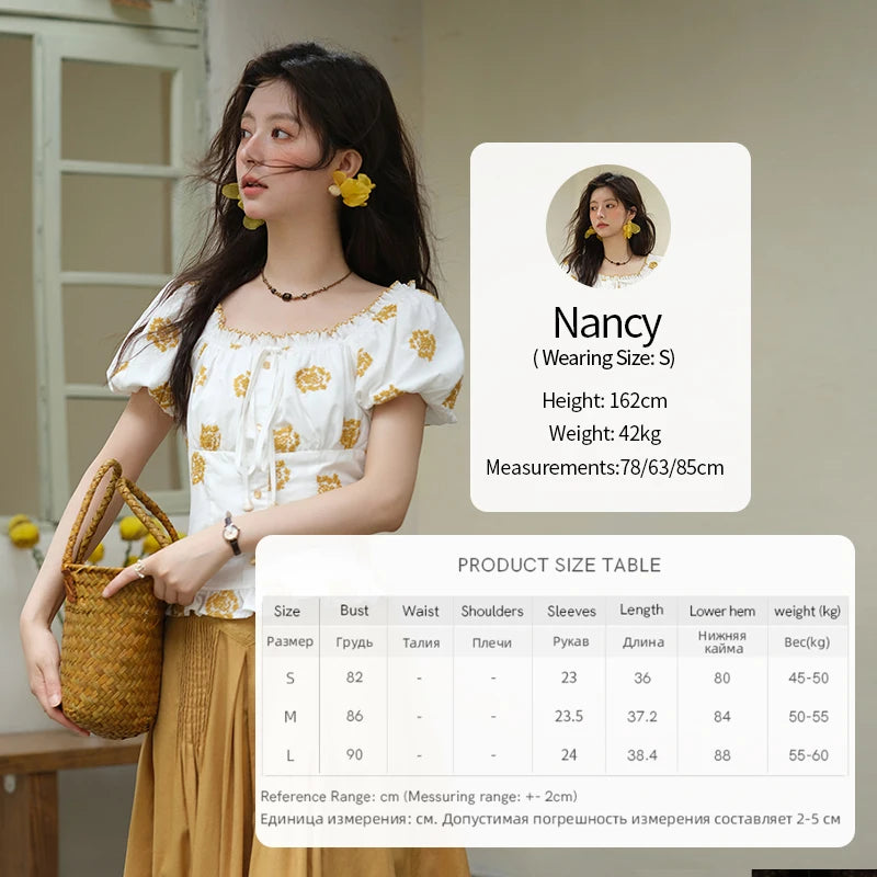 MISHOW Yellow Flower Embroidery Blouse Puff Sleeve Lace Up MXE35X1811