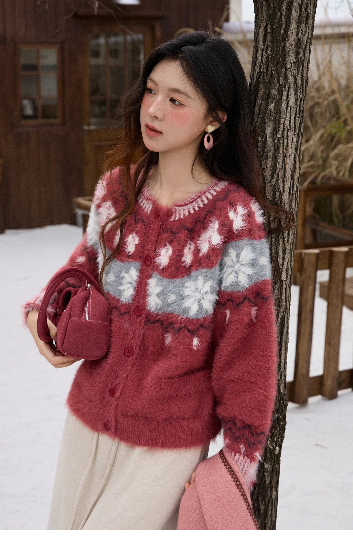 MISHOW Christmas Retro Red Imitation Mink Fur Soft Cardigan 2025 Winter Snowflake Jacquard Sweater Round Neck Tops MXE91Z2801