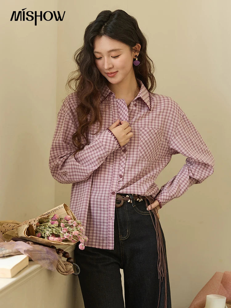 MISHOW Purple Plaid Shirt for Women Autumn 2025 Contrasting Embroidery Irregular Placket Shirt with Pocket Casual Top MXE44C2394