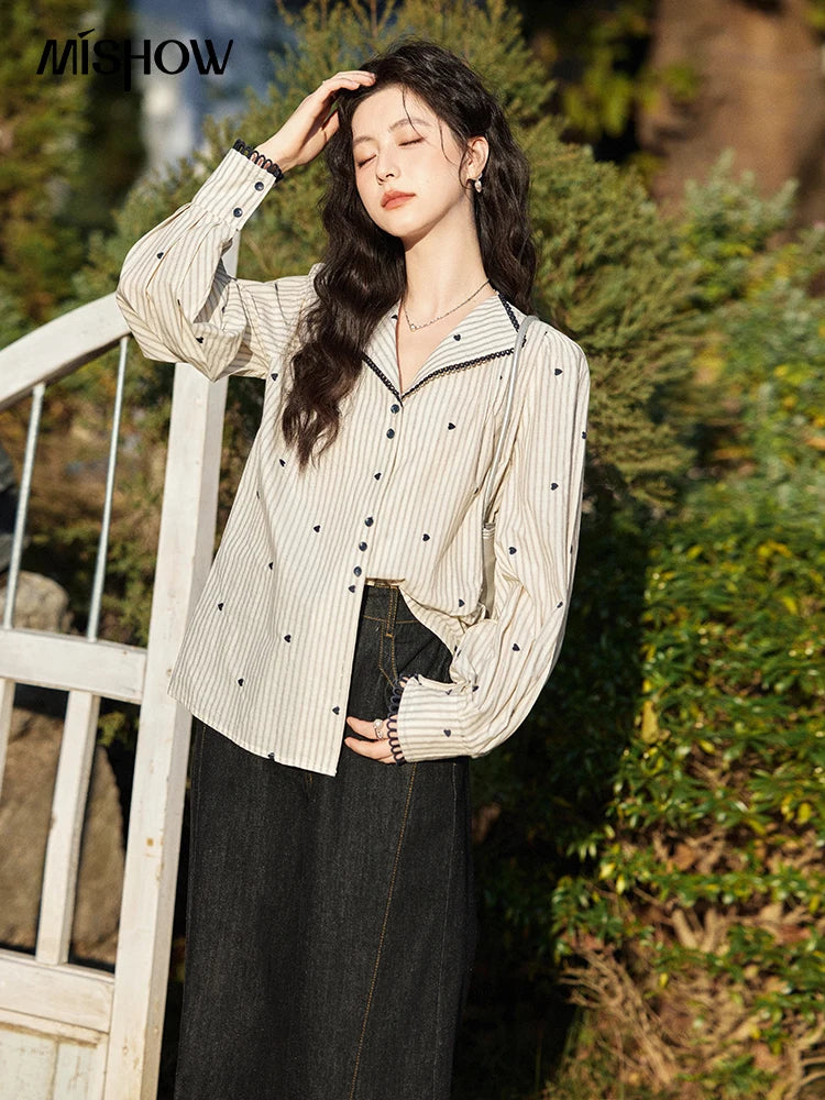 MISHOW Striped Bubble Sleeve Shirt for Women 2025 Spring French Retro Love Embroidered Top 100 Cotton V-neck Shirts MXE12C0390