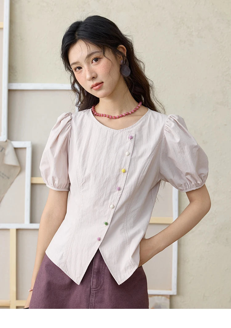 MISHOW Bubble Sleeves Blouses for Women Summer 2025 Irregular Placket Tops Rainbow Button Solid Blouse Office Lady MXE34X1782