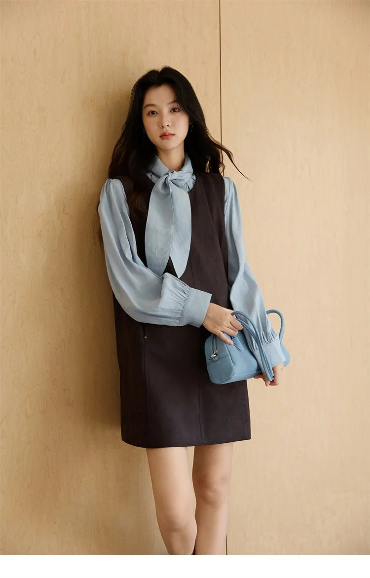 MISHOW Woman Two-piece Set 2025 Autumn College Style Light Blue Shirt Dark Brown Vest Skirt Suit Woman Clothes MXE47T1408