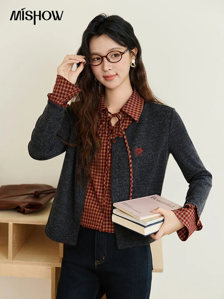 MISHOW Women's Fake Two Knitted Sweaters 2025 Autumn Plaid Splicing Embroidered Tops Retro Lapel Flare Sleeve Tops MXE45Z1401