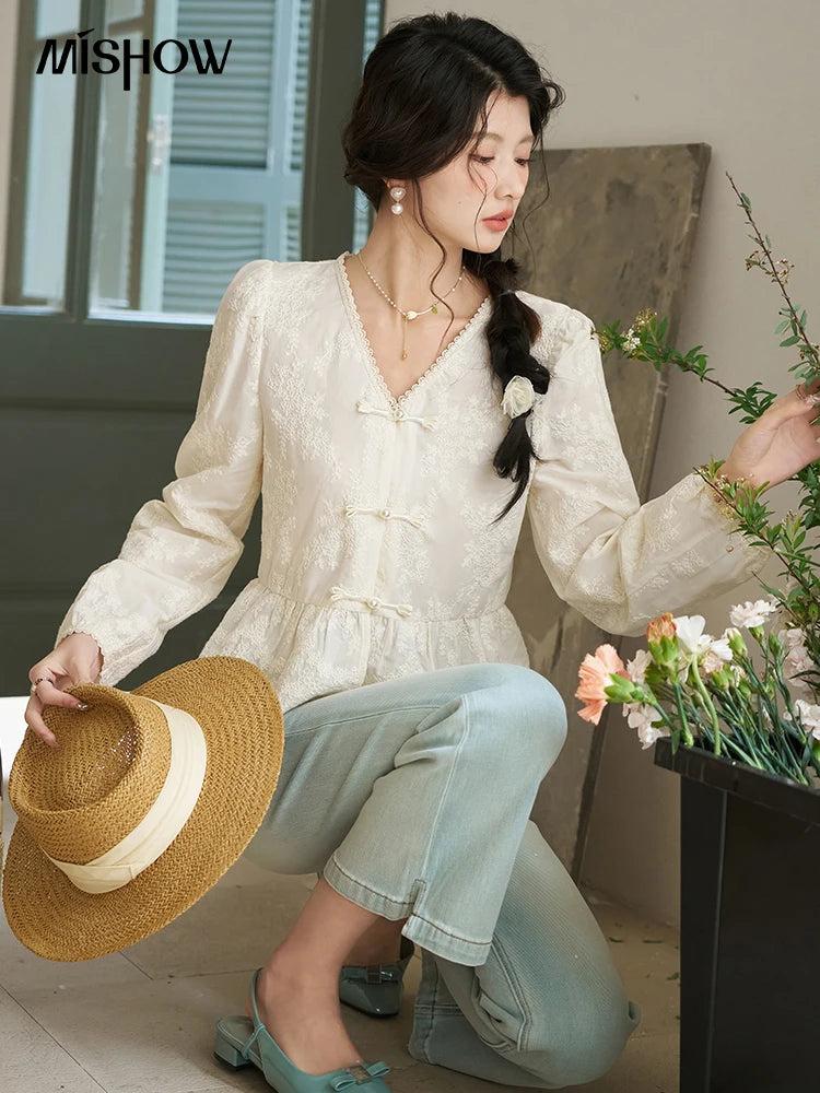 MISHOW Chinese Lace Blouses French Sweet Three-dimensional Embroidery Spring 2024 Button Up V-neck Long Sleeved Top MXD14X1433